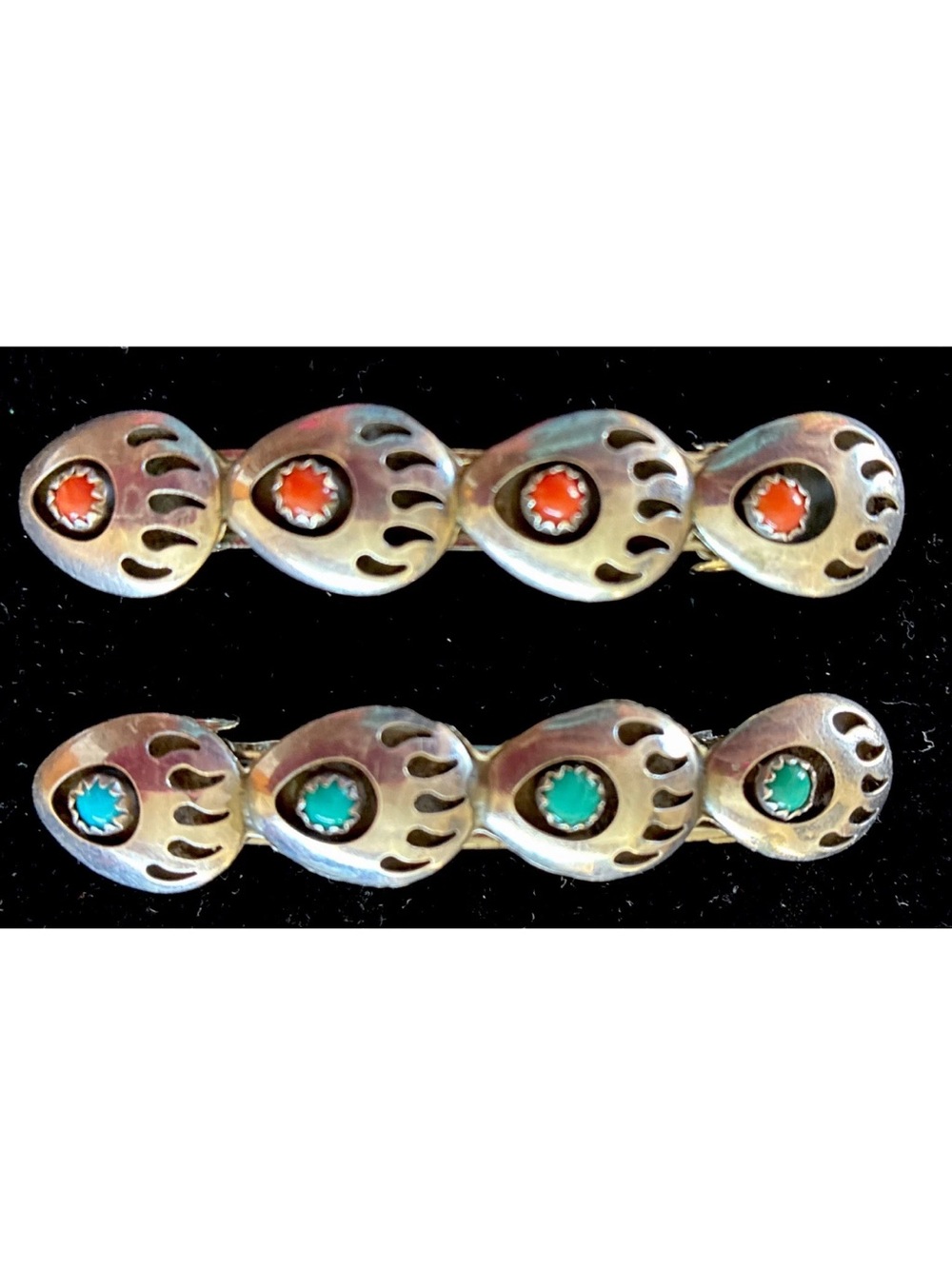Sterling Silver Navajo Hair Clips with Turquoise and Coral Stones